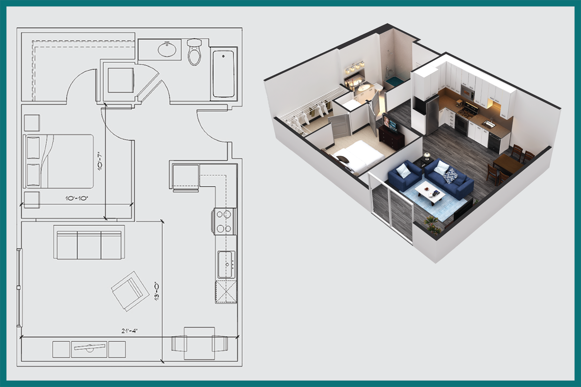 Floor plan for 1 bed, 1 bath, 686 sqft